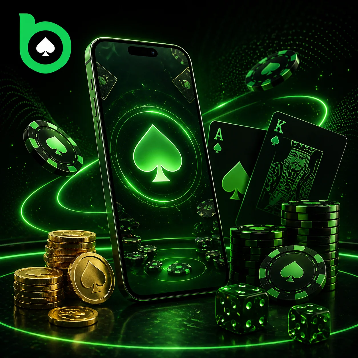 BC Poker mobile app banner with smartphone poker chips cards and neon casino elements