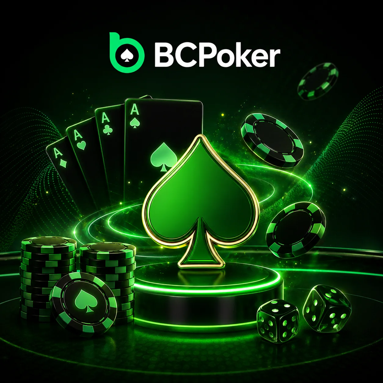 BC Poker homepage banner with poker chips cards and neon casino elements