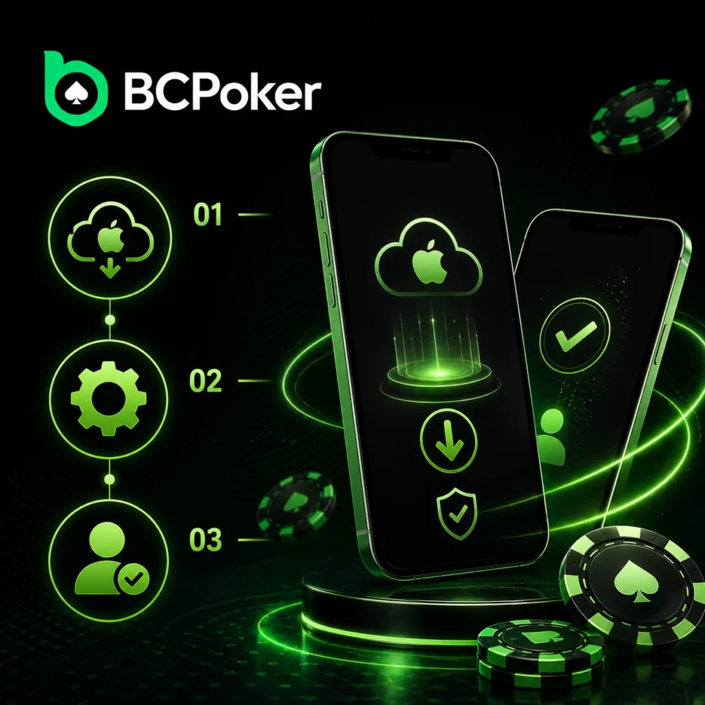 BC Poker iOS installation guide with mobile screens and setup steps icons