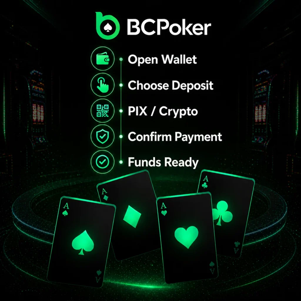 BC Poker deposit steps infographic with wallet, crypto options and payment flow in green casino style